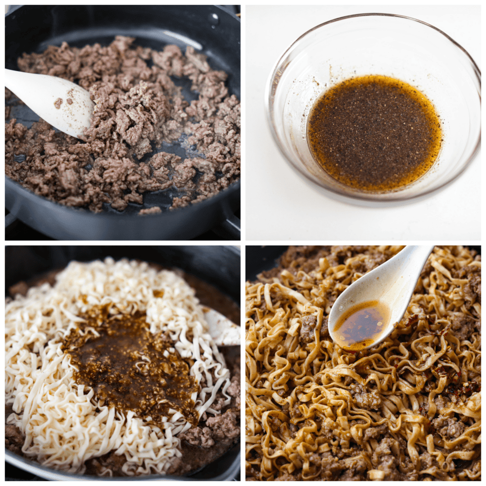 4-photo collage of the ground pork being cooked, the sauce being prepared, and sauce added to the noodles.