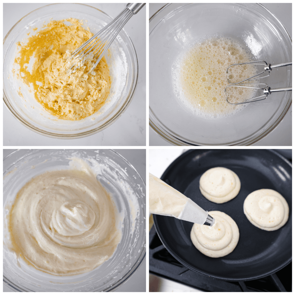 4-photo collage of souffl├Е pancake batter being prepared and added to a hot pan.