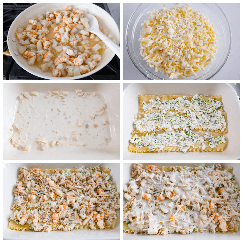 First photo of the seafood cooking in a pan. Second photo of the ricotta cheese mixture in a bowl. Third photo of the sauce spread in the bottom of a baking pan. Fourth photo of the lasagna and ricotta mixture layered in the pan. Fifth photo of the seafood layered on top of the lasagna. Sixth photo of the sauce layer on top of the lasagna.