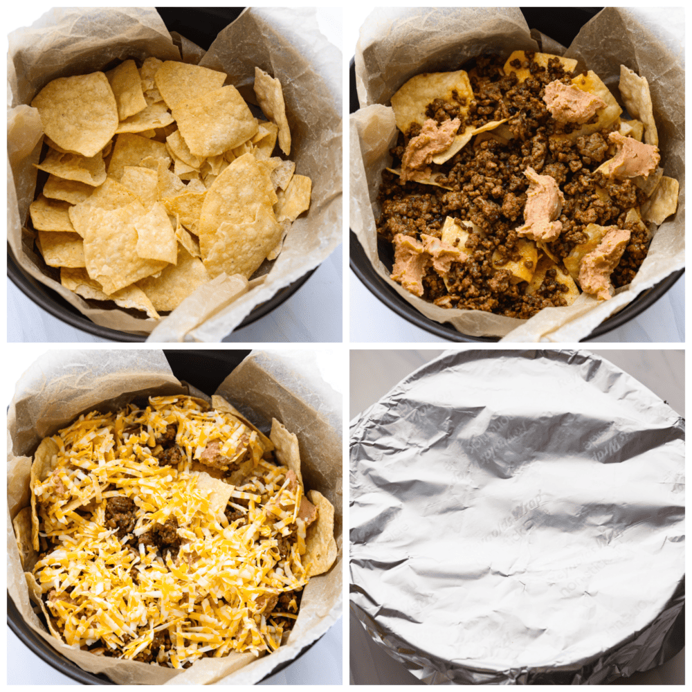 4 pictures in a collage showing how to assemble the campfire nachos. 
