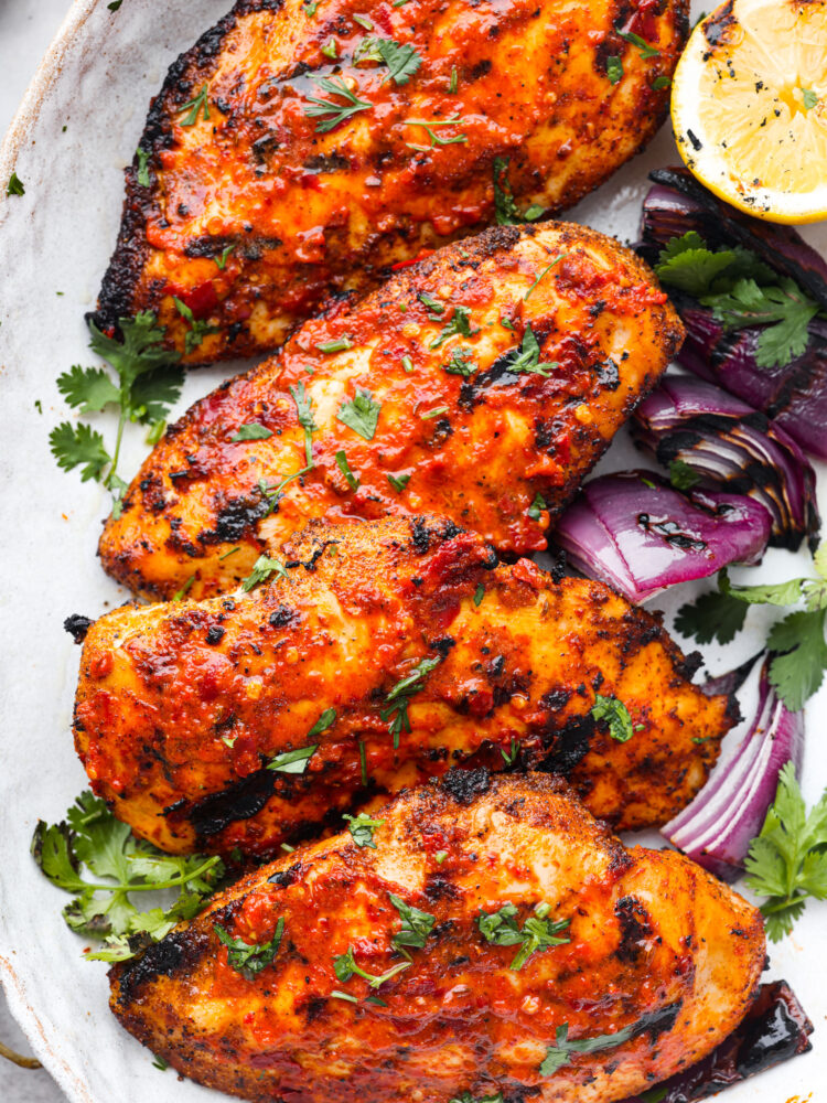 Closeup of harissa chicken.