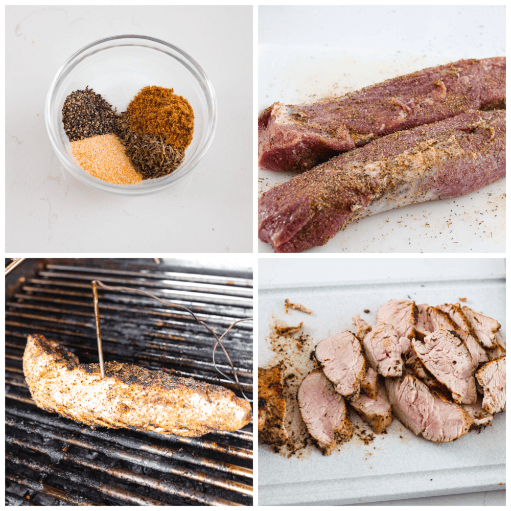 4-photo collage of the pork being seasoned and grilled.