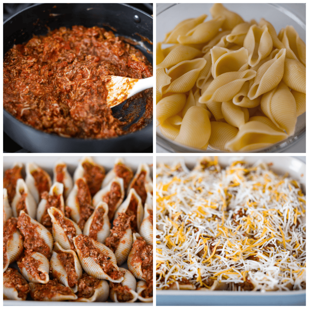 First photo of the taco meat mixture in a skillet. Second photo of the cooked shells. Third photo are all the shells stuffed with the taco meat. Fourth photo is shredded cheese sprinkled on top of the shells.