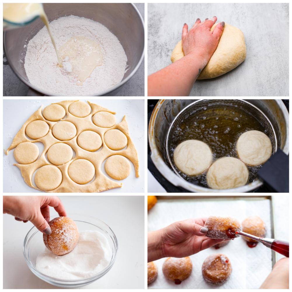 6-photo collage of donuts being prepared and filled with jelly.