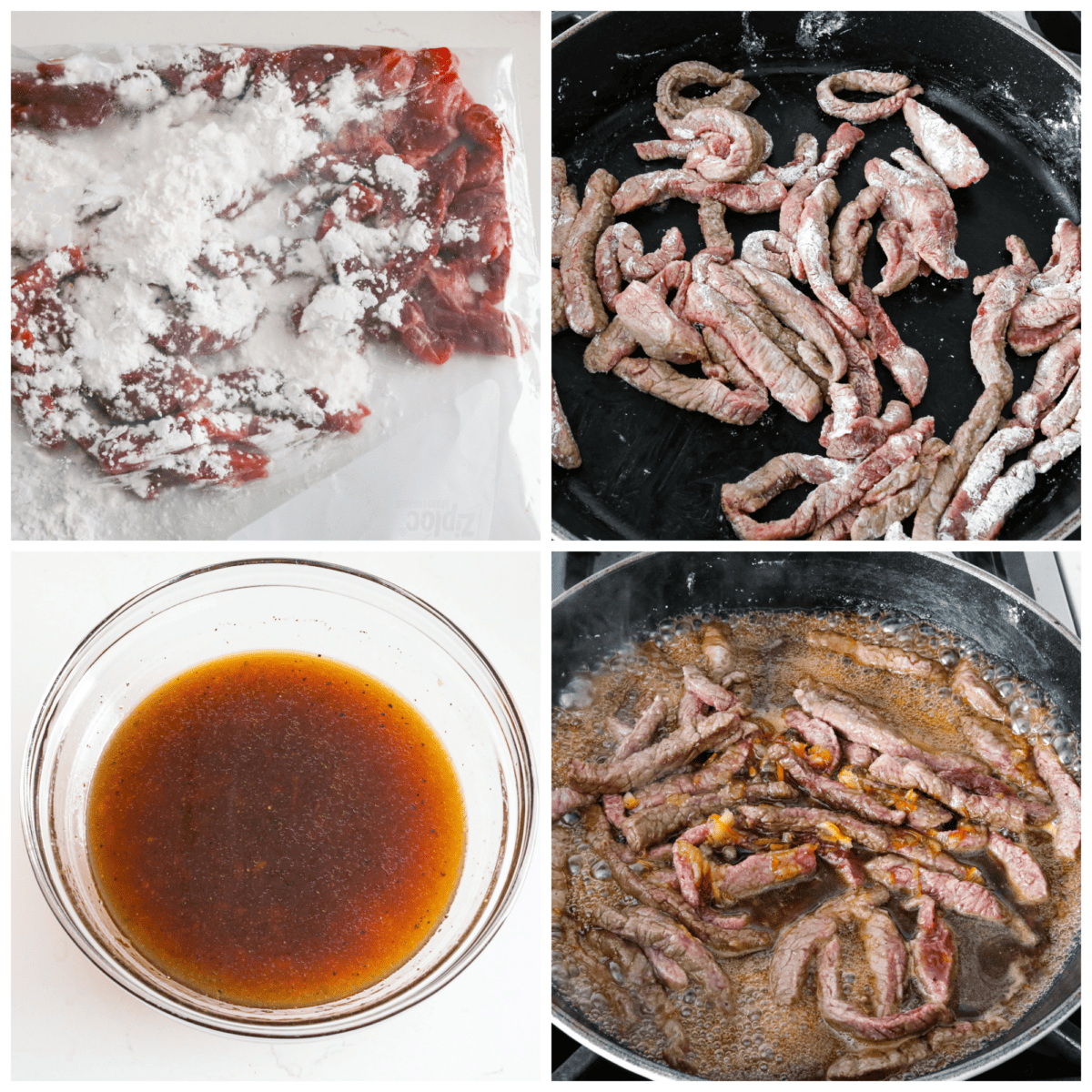 4-photo collage of the beef strips being coated with cornstarch and seared.