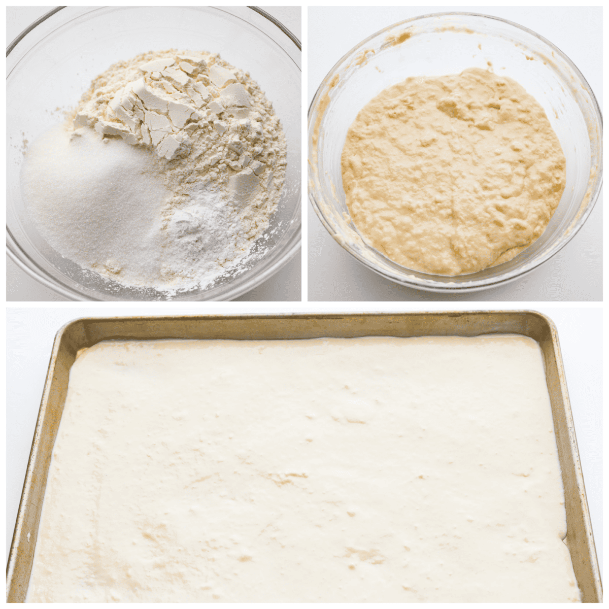 Pancake batter being prepared and added to a sheet pan.