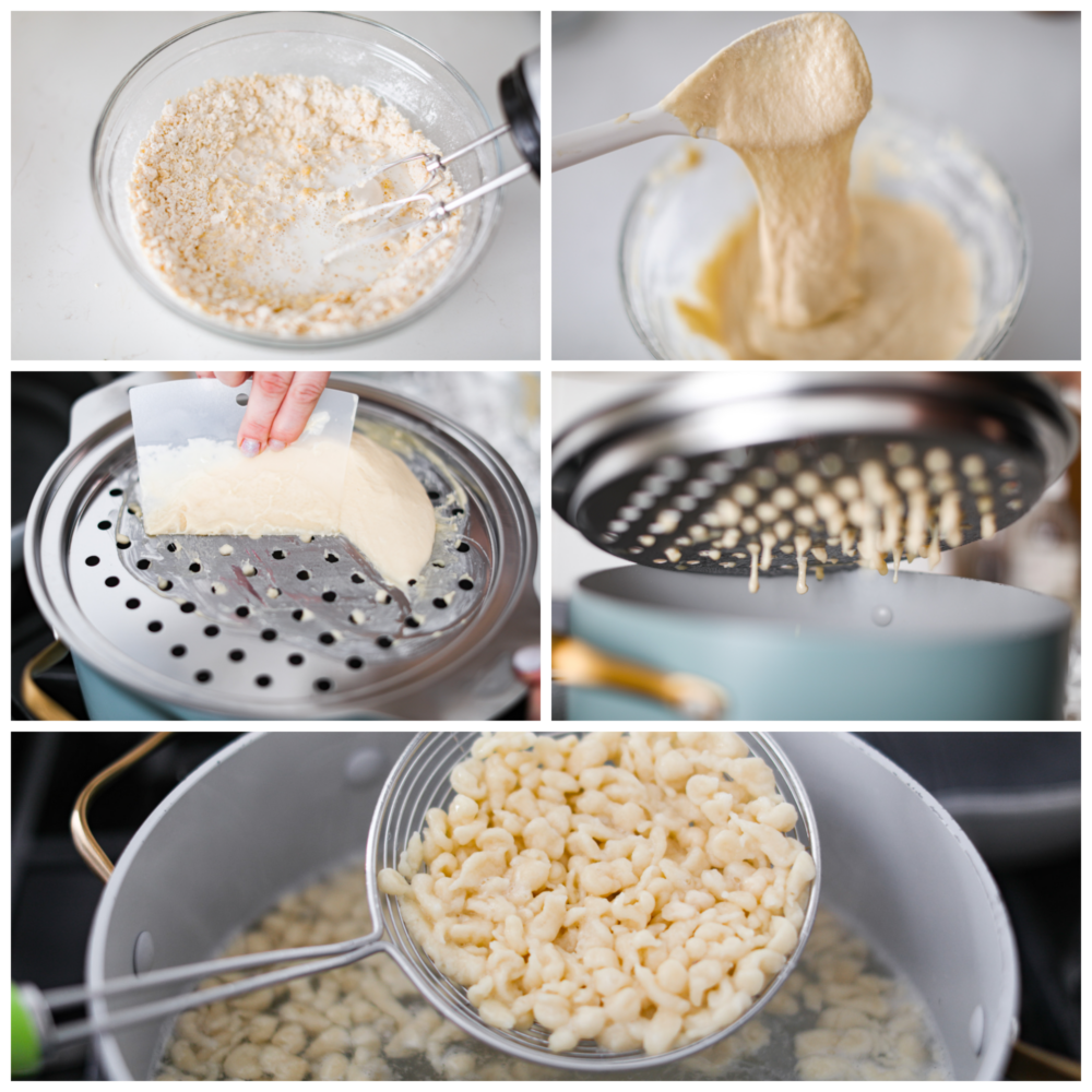 Preparing pasta dough and cutting it into small pieces.