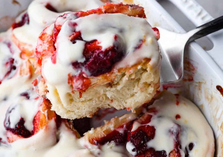 Strawberry Cinnamon Rolls with Lemon Cream Cheese Glaze