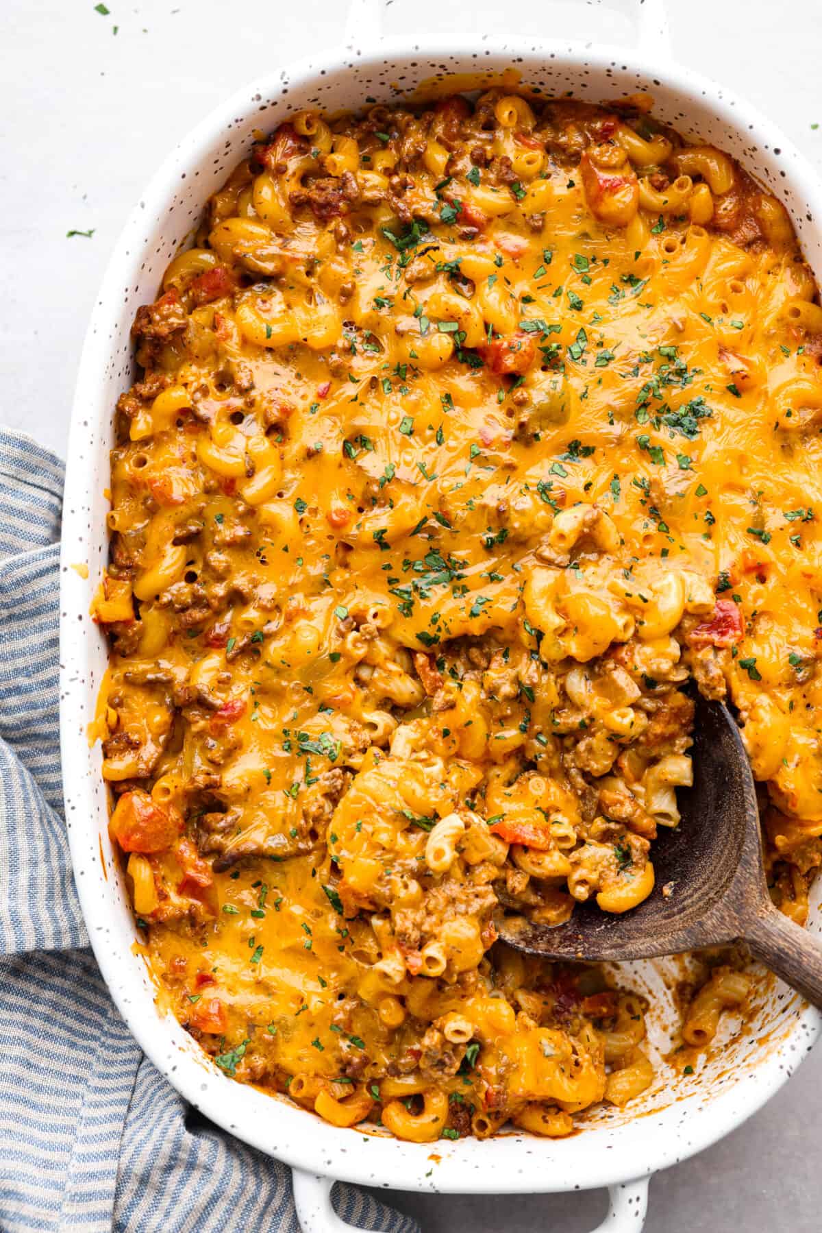 Top-down view of a baked cheeseburger casserole.