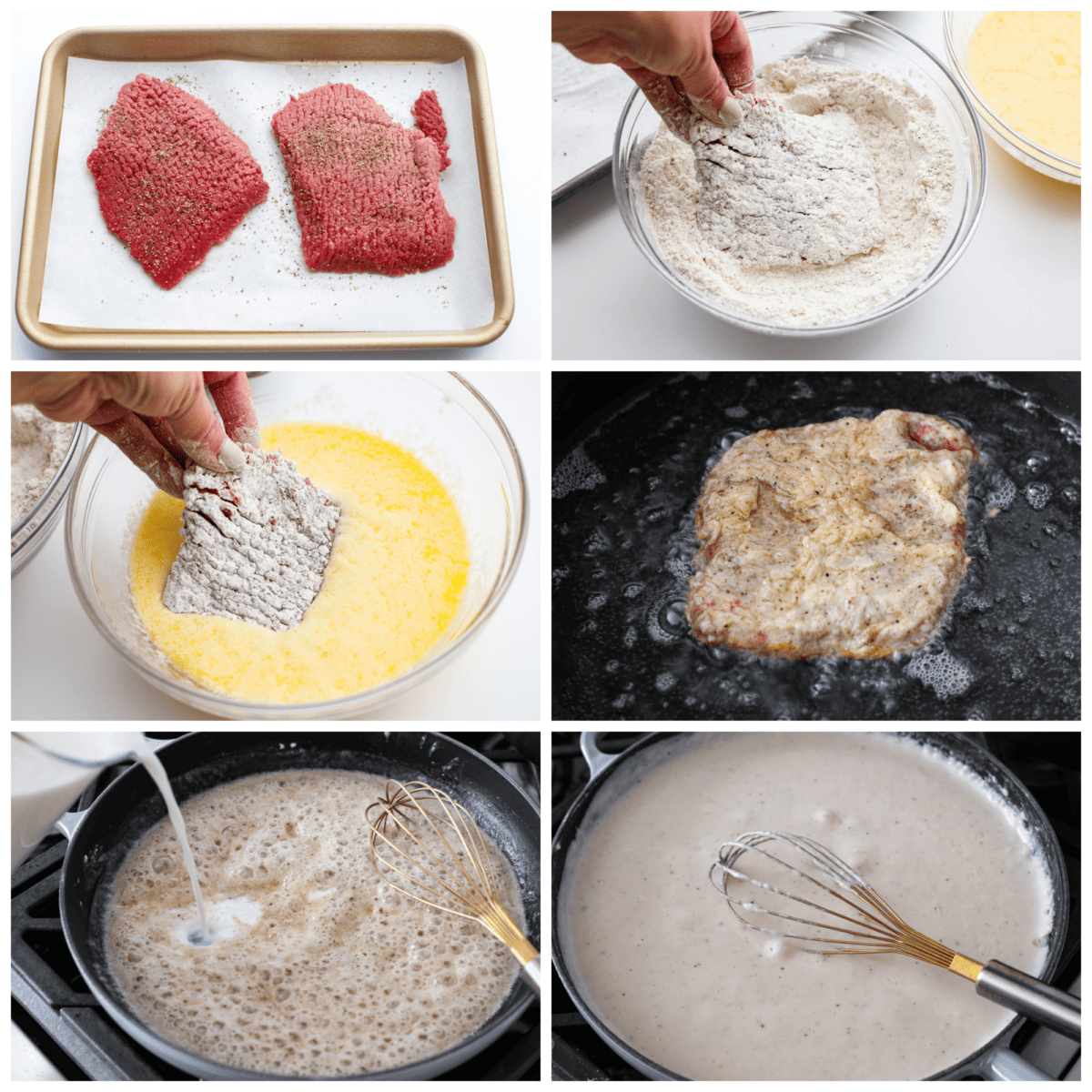 Breading and frying the steaks, then preparing the gravy.