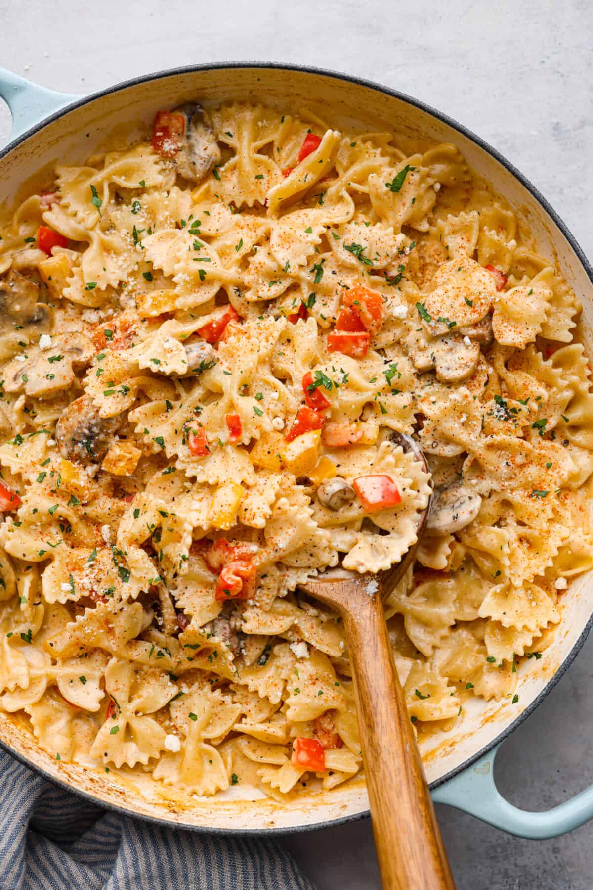 Top-down view of Louisiana chicken pasta.