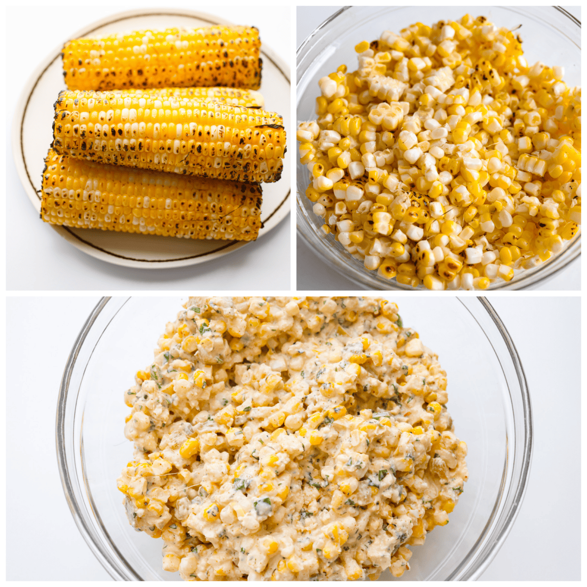 3 pictures showing corn in a glass bowl. 