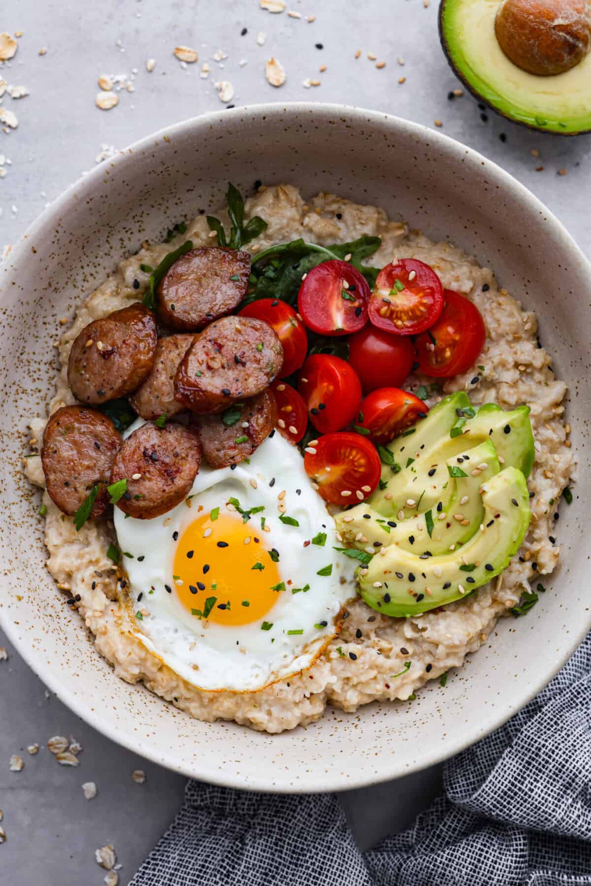 The top view of a boat of savory oatmeal. 