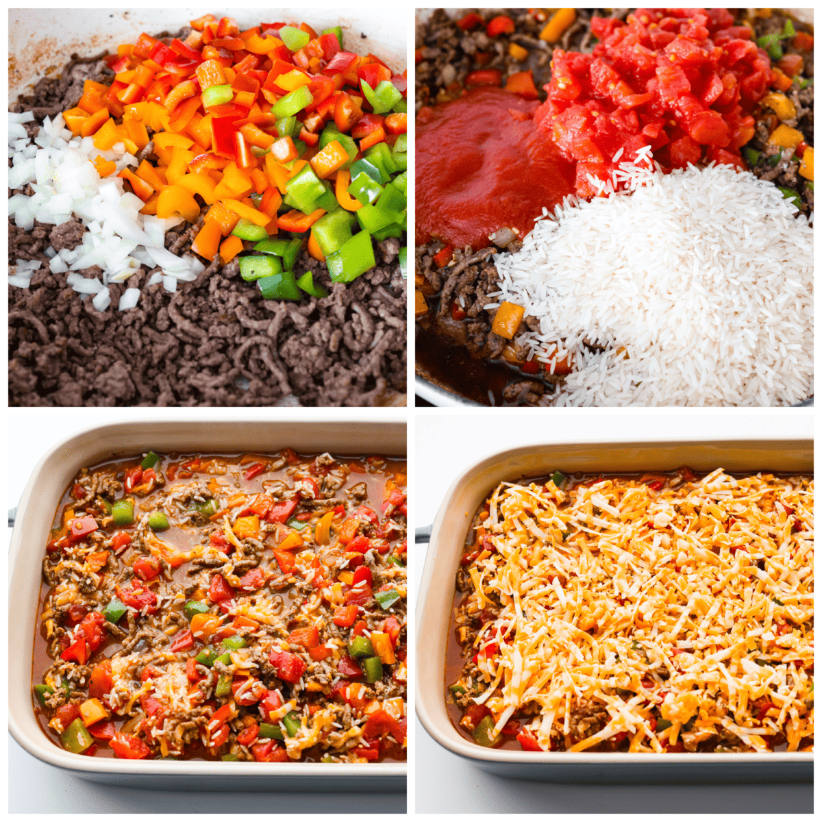 4-photo collage of ground beef, vegetables, rice, and cheese being layered in a casserole dish.