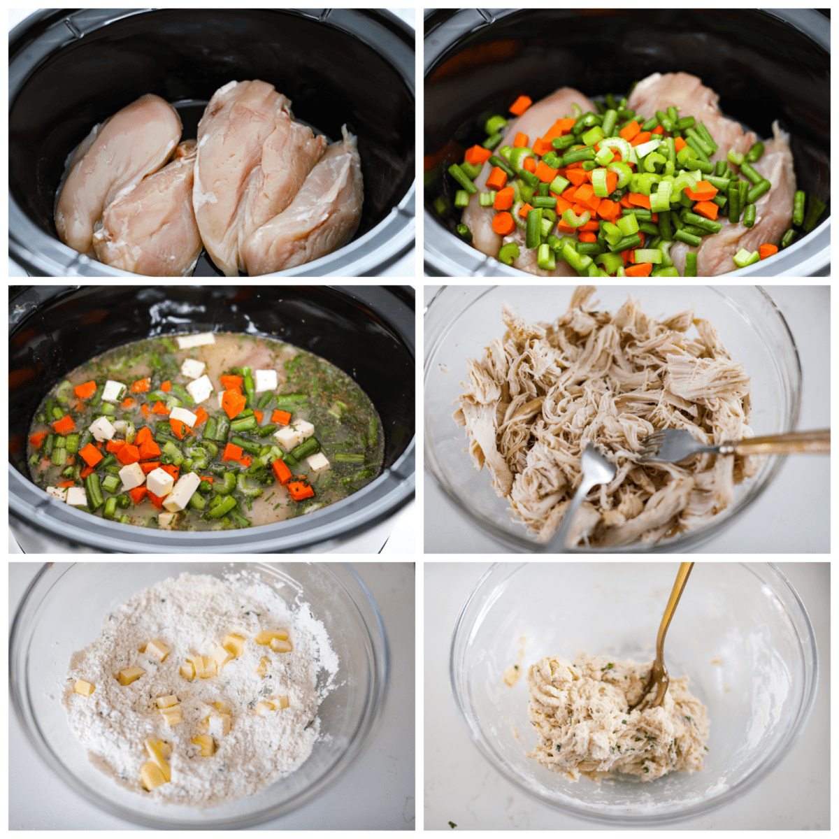 First photo of chicken in the crockpot. Second photo of vegetables added to the crockpot. Third photo of butter and broth mixture added to the crockpot. Fourth photo of shredded cooked chicken. Fifth photo of butter added to the dumpling ingredients. Sixth photo of dumpling mixture mixed in a bowl.