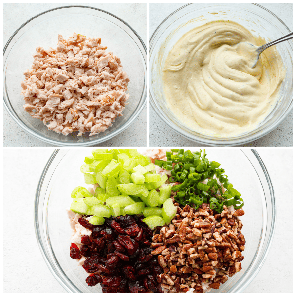 3-photo collage of the chopped turkey, mayo mixture, and mix-ins being combined.