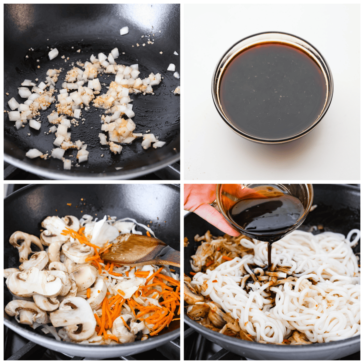 First process photo of onion, garlic, and ginger cooking in a wok. Second process photo is sauce mixed in a bowl. Third process photo of veggies cooking in a wok. Fourth process photo of sauce and noodles added to the wok.