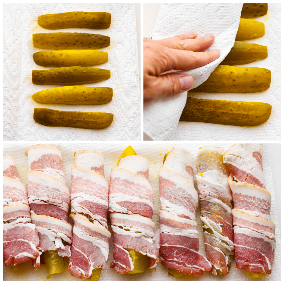 3-photo collage of the pickles being pat dry and wrapped in bacon.