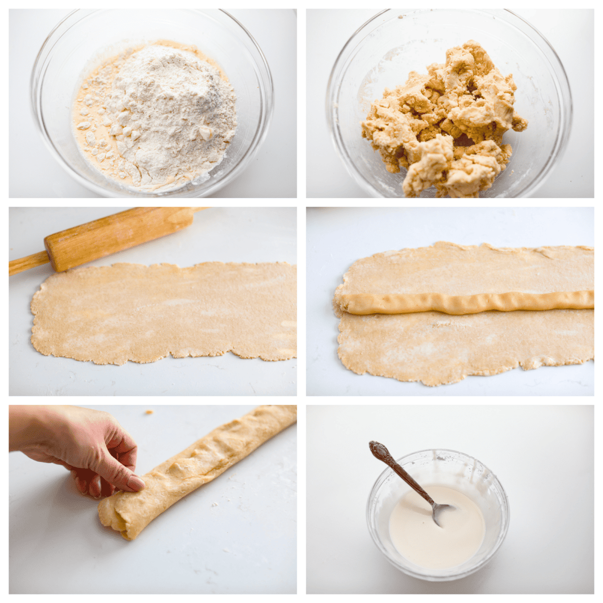 6 photos in a collage showing you how to make the dough and assemble it with the filling. 