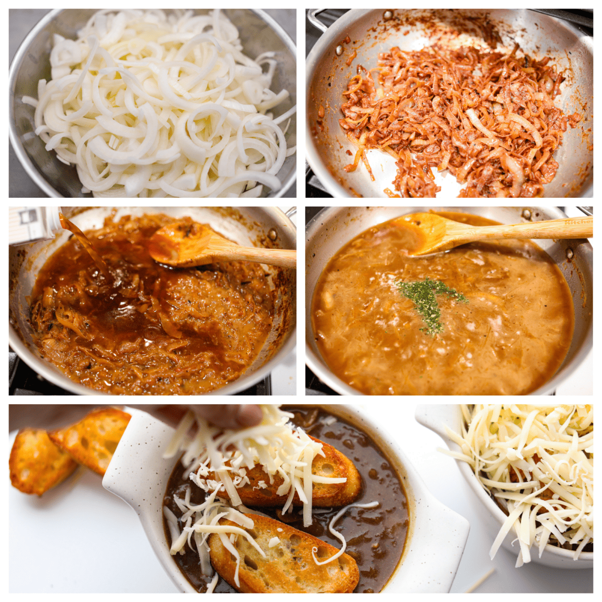 5-photo collage of the onions being sauteed, combined with the other ingredients, and added to a bowl topped off with baguette and gruyere cheese.