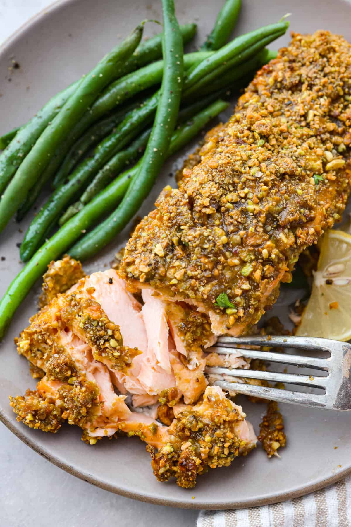 Closeup of a salmon filet with a bite taken out of it.