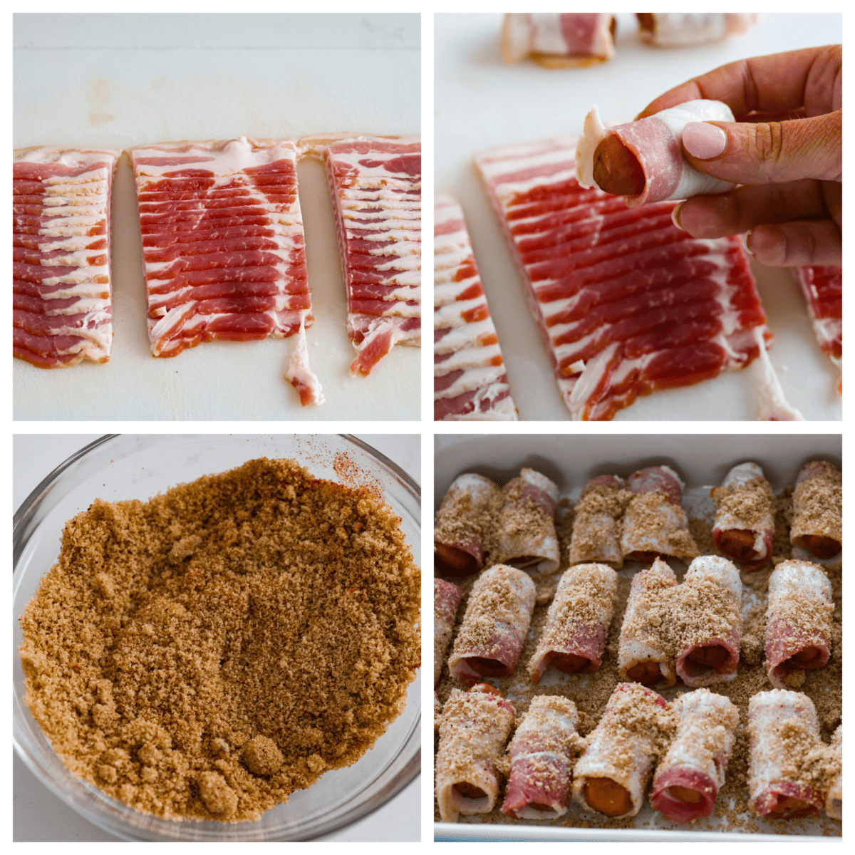 First photo of bacon cut in thirds. Second photo of bacon wrapping around a sausage. Third photo of sugar and spices mixed. Fourth photo of the sugar mixture sprinkled on top of the bacon wrapped smokies. 