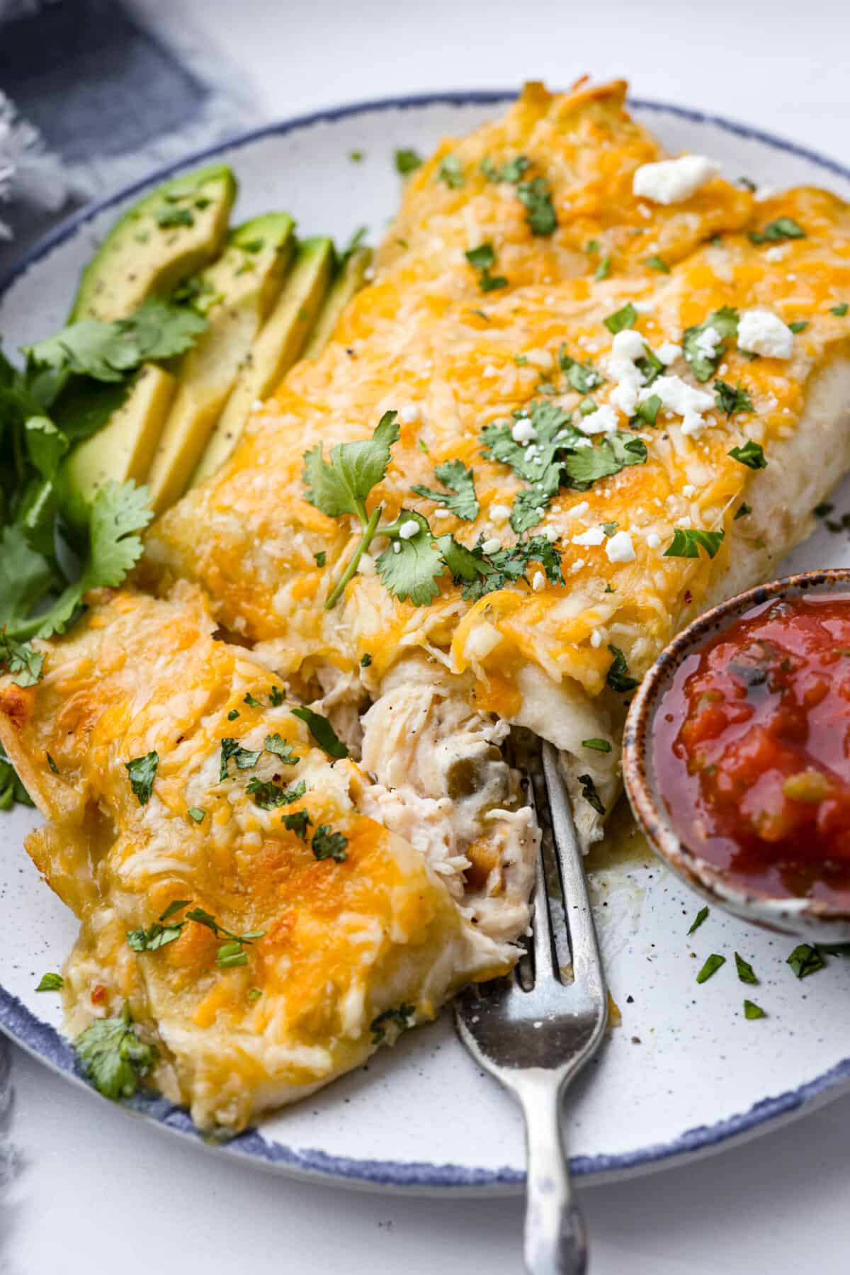 Closeup of enchiladas served on a blue and white plate with a side of sliced avocados and salsa.