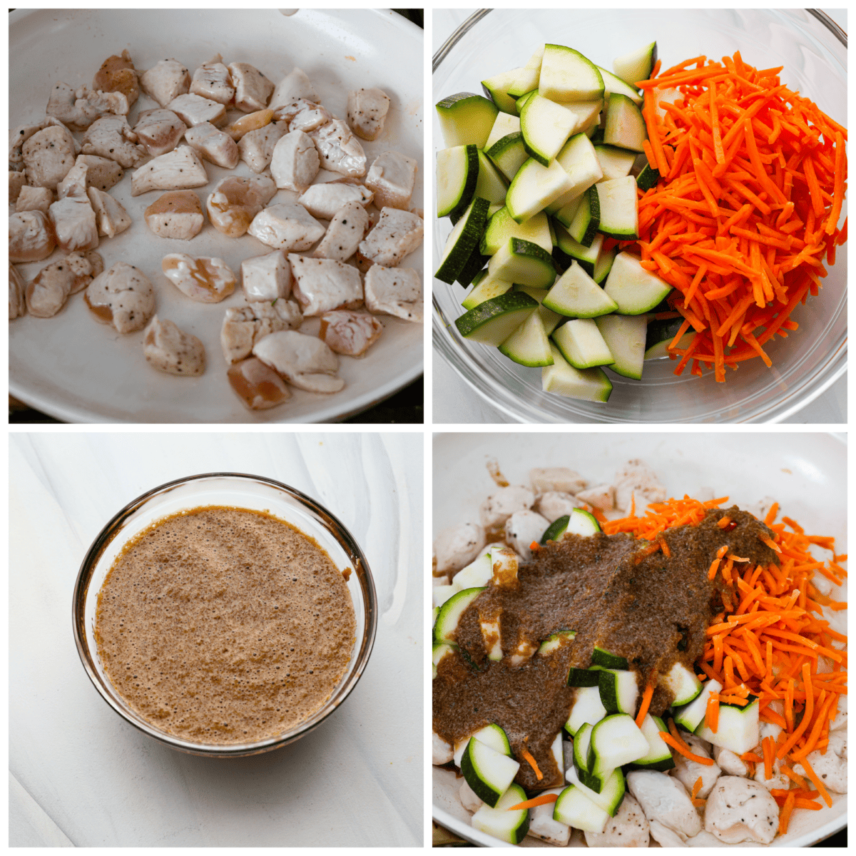 4-photo collage of the chicken and vegetables being sauteed and seasoned.