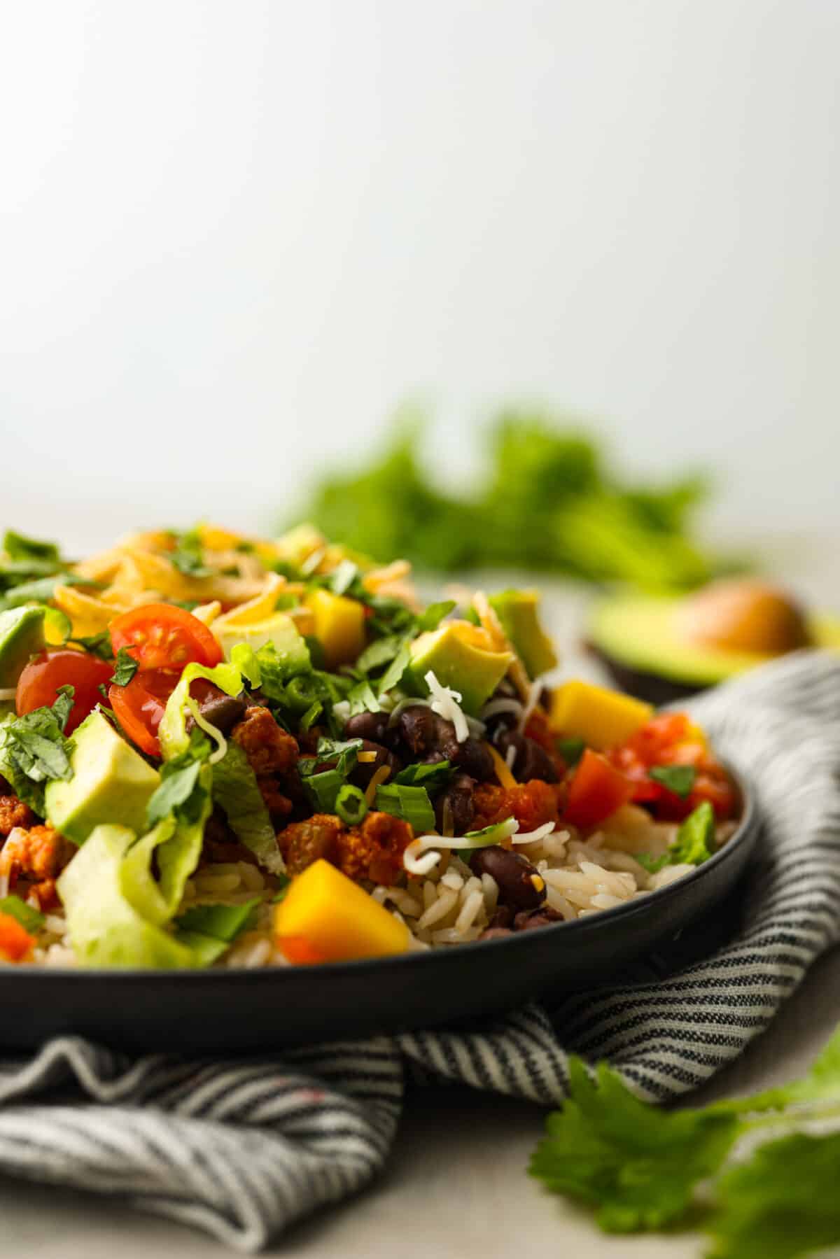 A Mexican haystack- layers of rice, taco meat, vegetables, avocado, and tortilla strips.