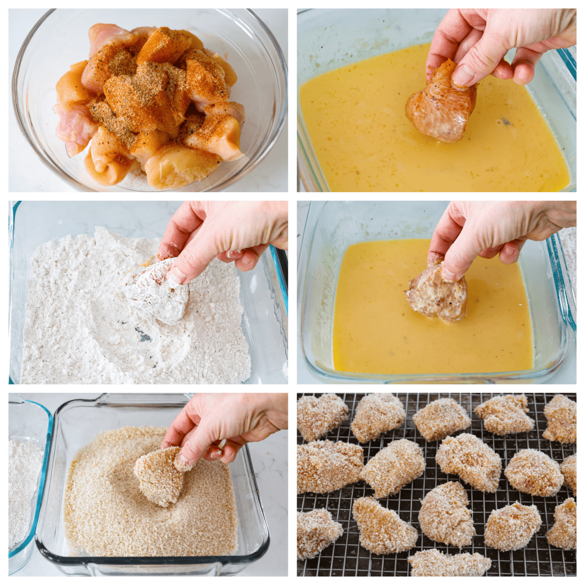 A piece of chicken being breaded, step-by-step.