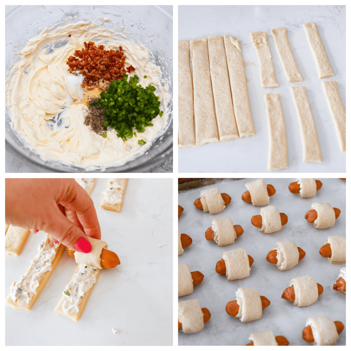 First photo of the cream cheese, bacon, jalapenos, and seasoings in a bowl. Second photo of the crescent dough cut. Third photo of the dough wrapping round the smokies. Fourth photo of the pigs in a blanket lined on a sheet pan before baking.