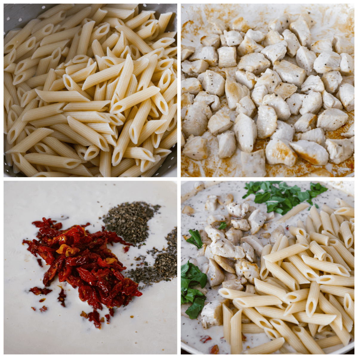 4-photo collage of the pasta, chicken, and sauce being prepared.