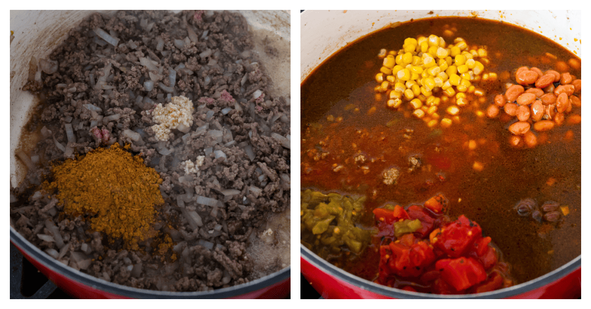 2-photo collage of the beef being browned and the canned ingredients being added to the pot.