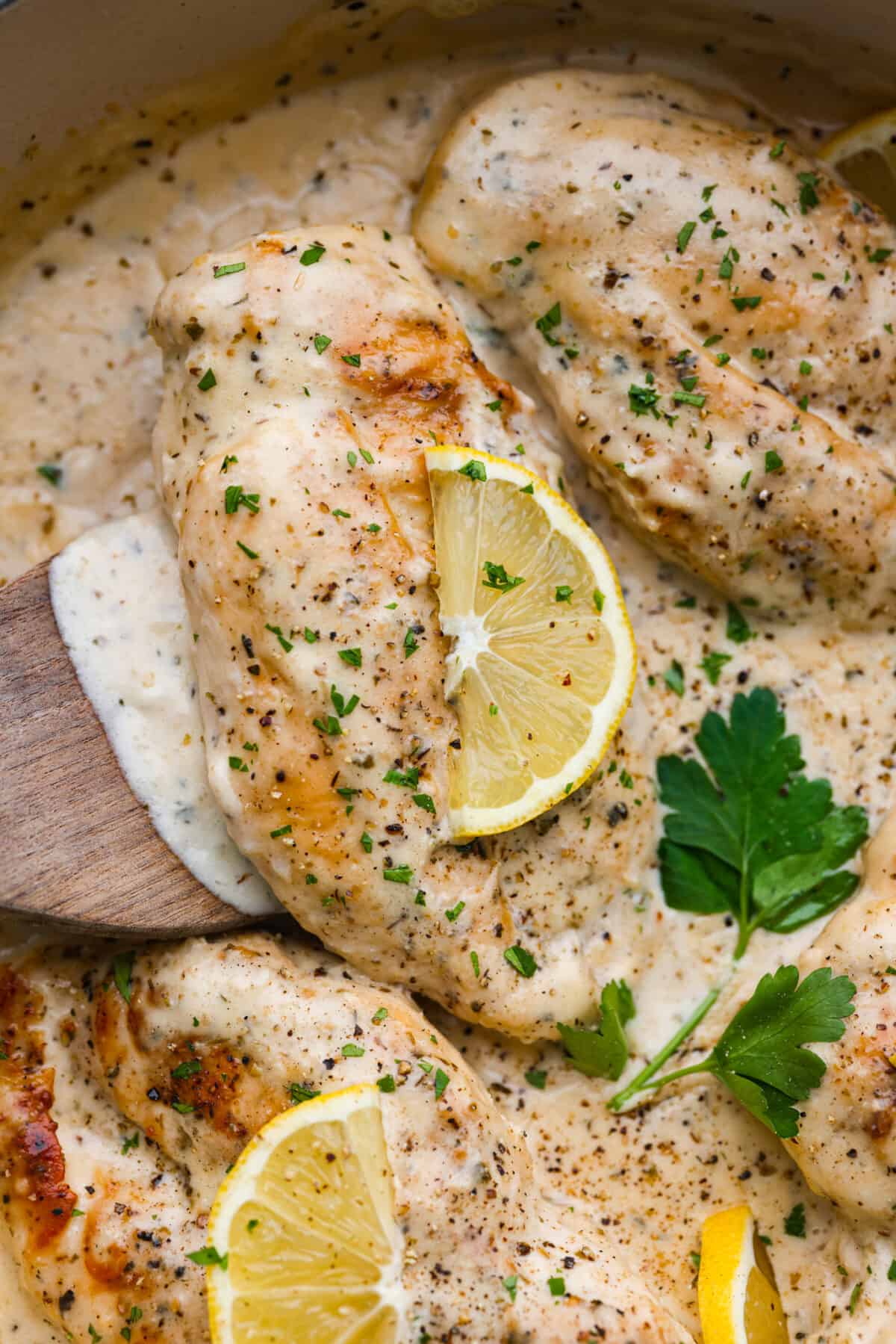Closeup of a chicken breast coated in the creamy lemon sauce being lifted out of the pan with a wooden spatula.
