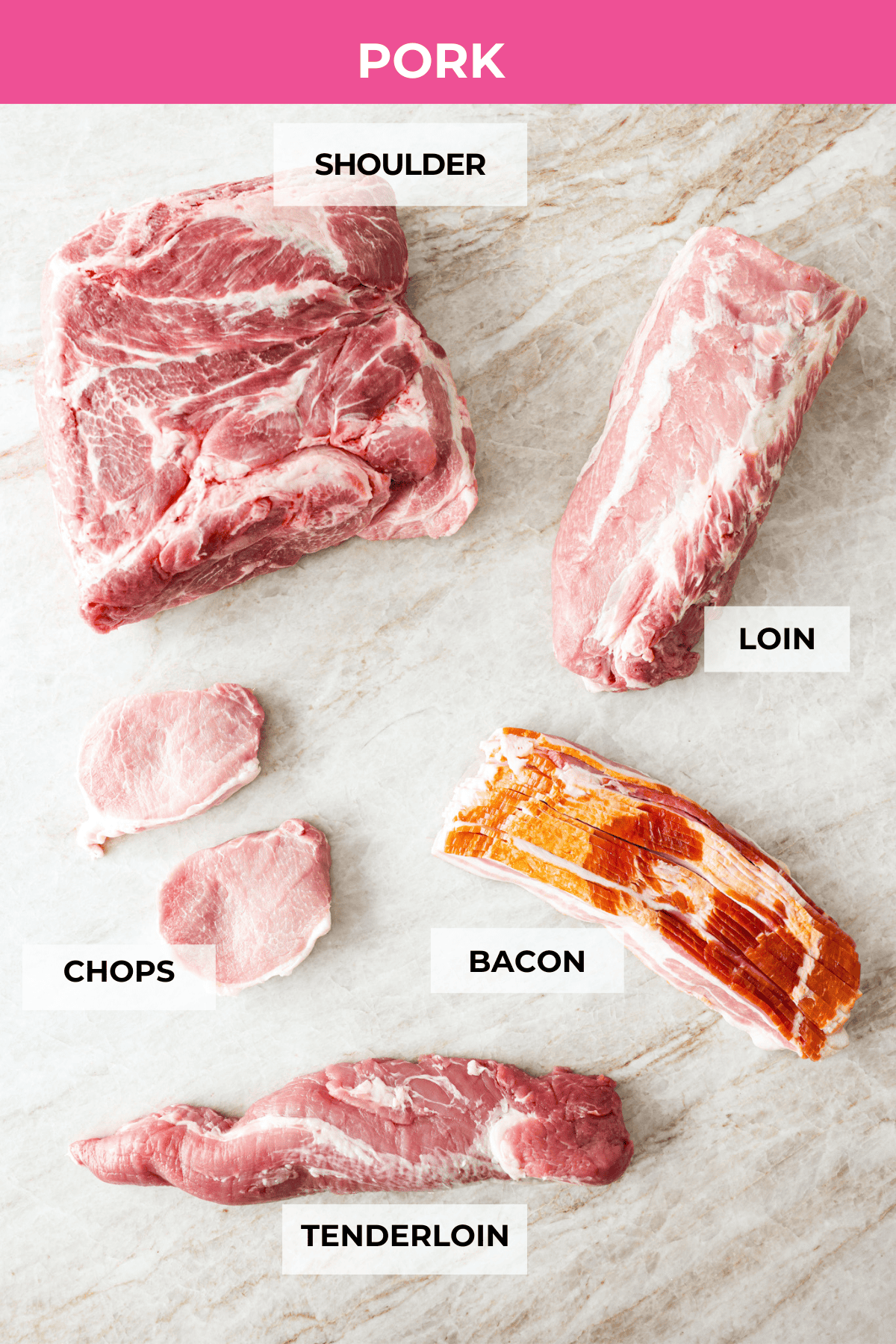 Cuts of pork labeled. 