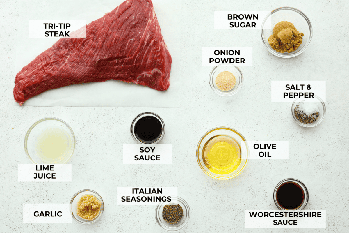 Overhead shot of labeled ingredients in separate bowls.