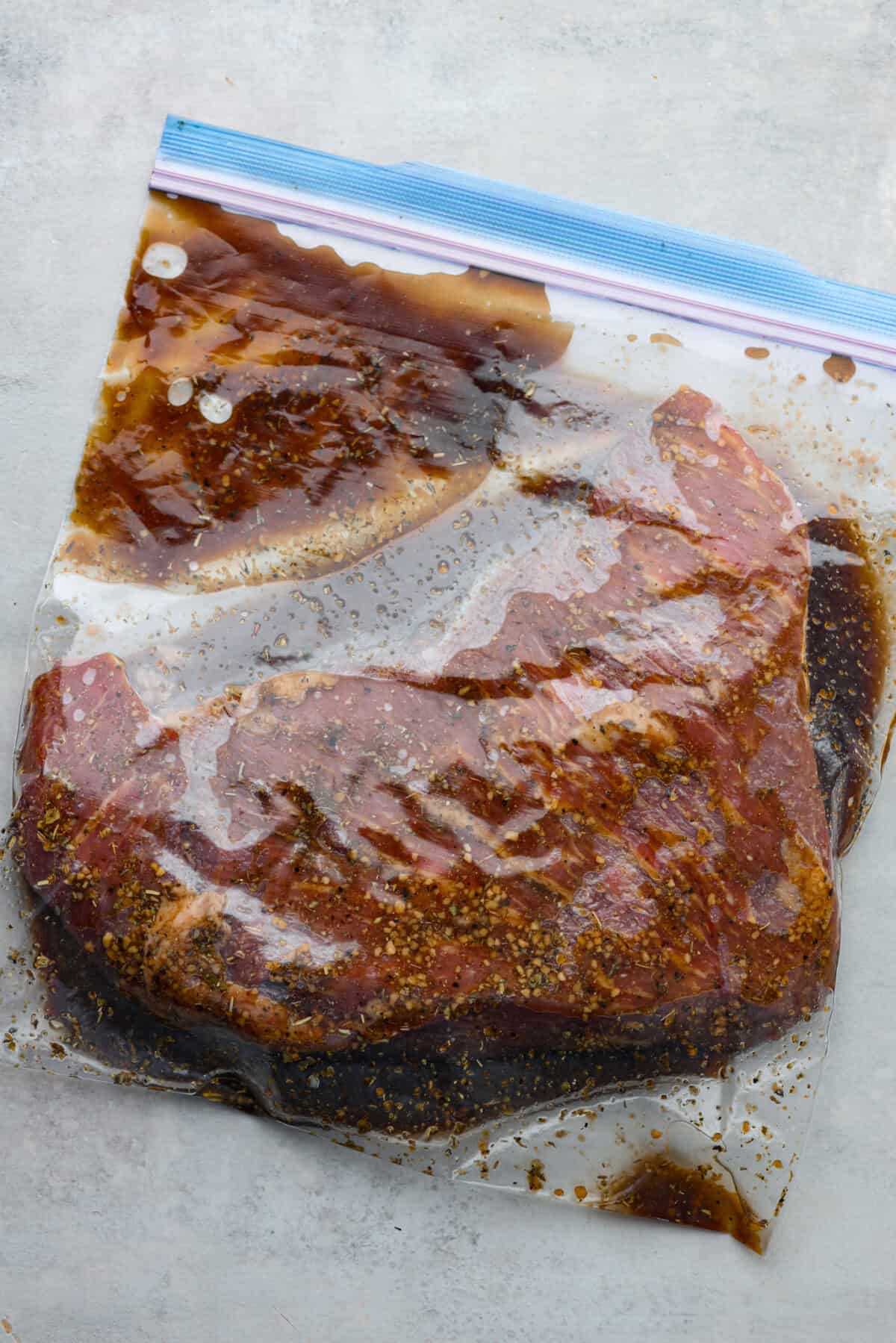 Tri tip in a ziplock bag with marinade. 